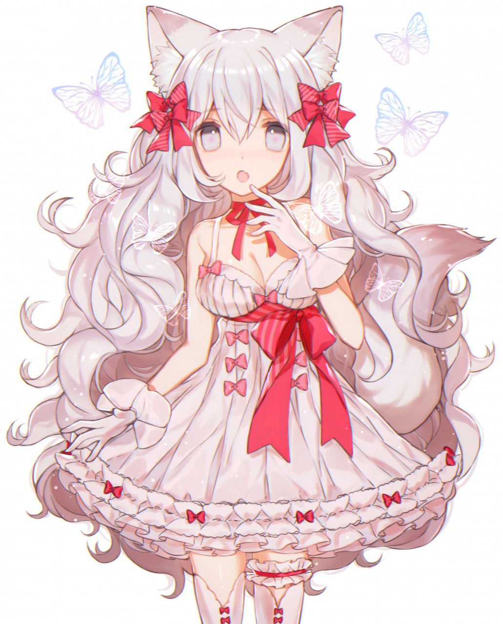 1girl, :o, animal_ears, bangs, bow, breasts, butterfly, cleavage, cowboy_shot, dress, eyebrows_visible_through_hair, fang, fox_ears, frills, gloves, grey_eyes, grey_hair, hair_between_eyes, hair_bow, hair_ribbon, highres, leg_garter, long_hair, looking_at_viewer, medium_breasts, open_mouth, original, red_bow, red_ribbon, ribbon, simple_background, solo, thigh-highs, very_long_hair, wavy_hair, white_background, white_dress, white_gloves, white_legwear, yasiromann