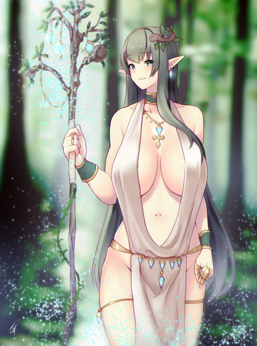 1girl, bangs, blue_eyes, blurry, blush, breasts, cleavage, closed_mouth