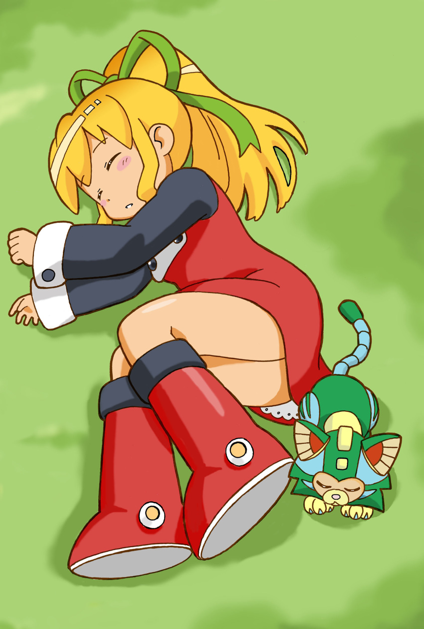 1girl, absurdres, android, bangs, black_shirt, blonde_hair, blush_stickers, boots, breasts, capcom, cat, clenched_hand, closed_eyes, commentary_request, dress, female, from_above, full_body, grass, green_ribbon, hair_ribbon, highres, knee_boots, kumakomagoma, legs, long_hair, long_sleeves, lying, on_side, parted_lips, ponytail, red_boots, red_dress, ribbon, rockman, rockman_(classic), roll, shadow, shirt, sidelocks, sleeping, small_breasts, tango_(rockman), tango_the_cat, undershirt