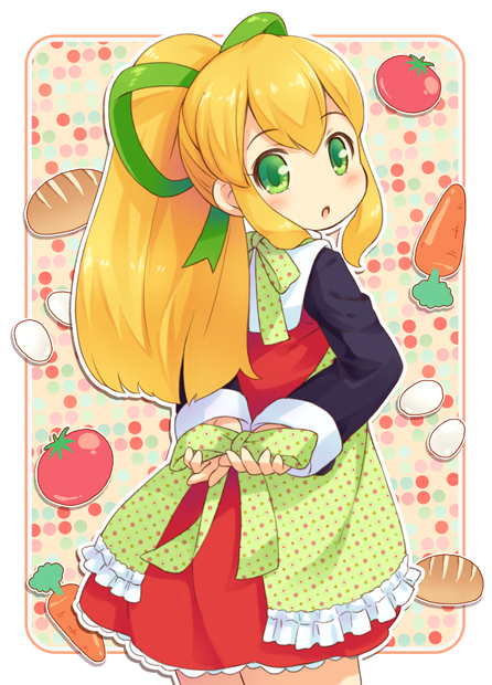 1girl, :o, apron, bangs, blonde_hair, blush, bread, carrot