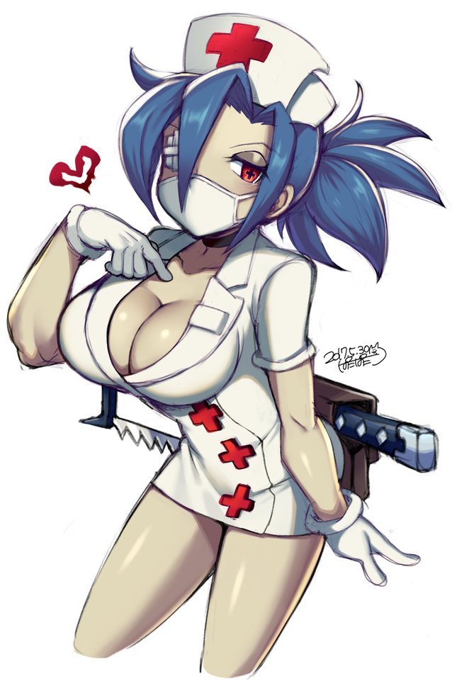 1girl, blue_hair, bonesaw, breasts, cleavage, dated, eyepatch, gloves