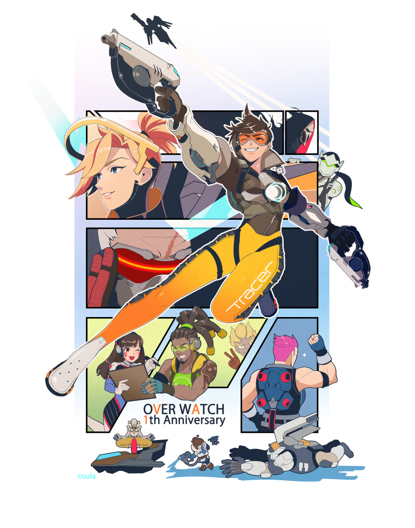 6+boys, 6+girls, ;d, ^_^, absurdres, arm_up, artist_name, bangs