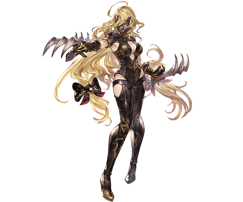 1girl, blonde_hair, bodysuit, boots, bow, breasts, center_opening, claw_(weapon)