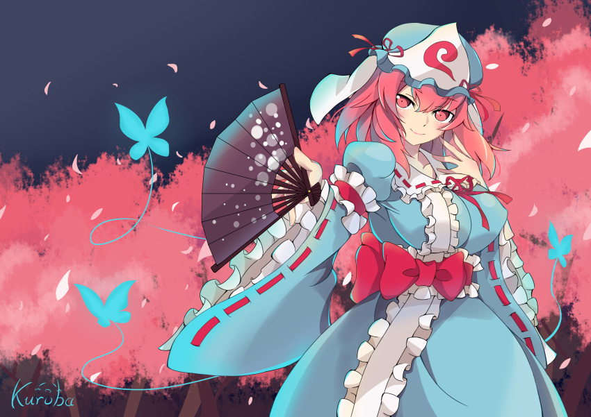 1girl, absurdres, artist_name, breasts, butterfly, cherry_blossoms, cowboy_shot, fan