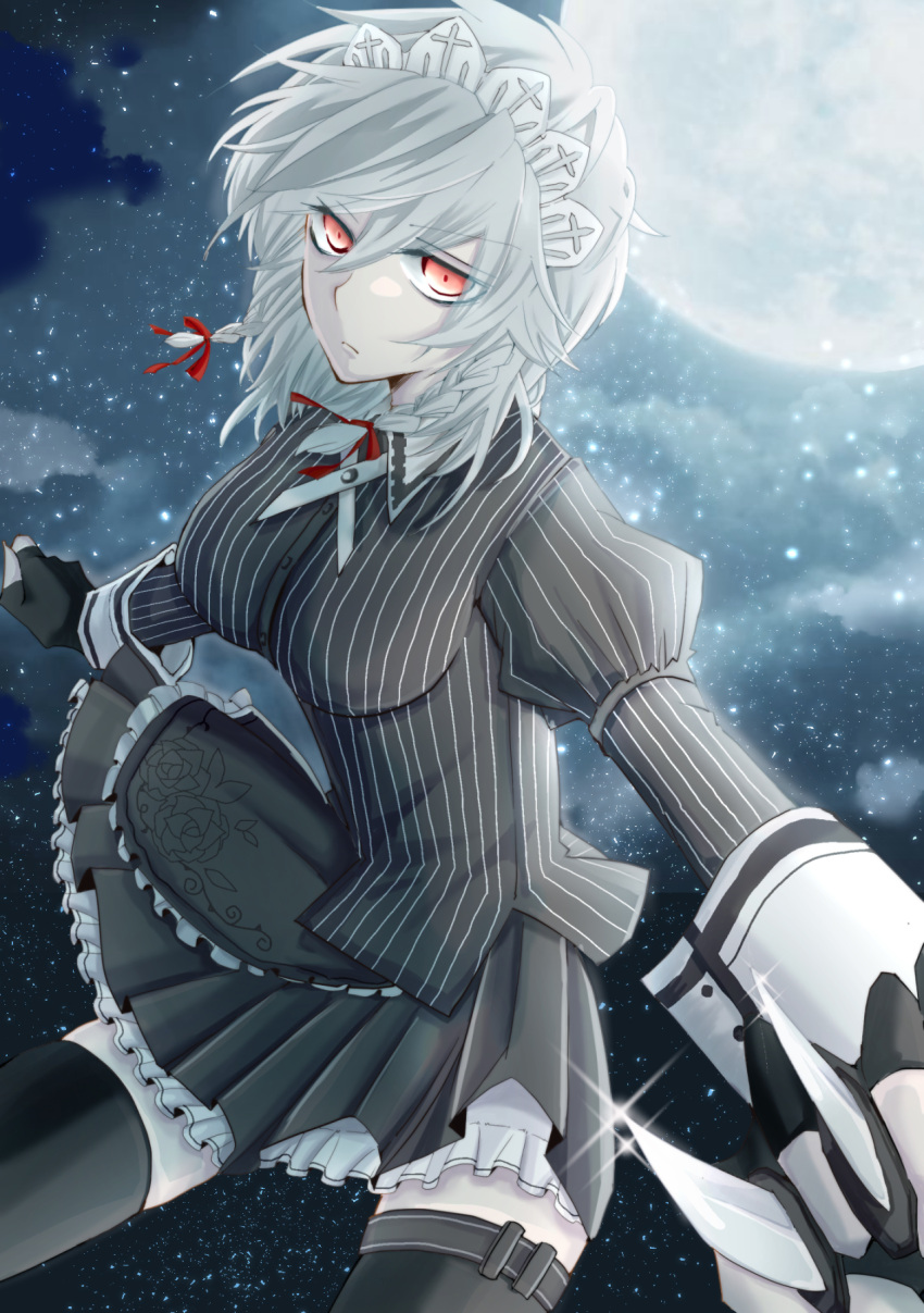 1girl, alternate_costume, black_gloves, black_legwear, braid, breasts, enpitsu_(enpitsu_4b), expressionless