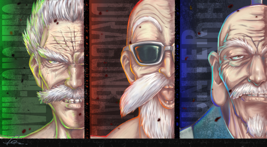 3boys, :d, bald, bang_(one-punch_man), beard, clenched_teeth, copyright_name, dragon_ball, facial_hair, fenrisu1fr, grin, highres, hunter_x_hunter, isaac_netero, looking_at_viewer, multiple_boys, mustache, muten_roushi, old_man, one-punch_man, open_mouth, smile, sunglasses, teeth, white_hair, wrinkles