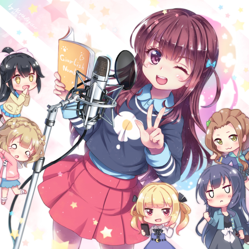 +_+, 6+girls, :3, :d, ;d, black_hair, blonde_hair, blue_skirt