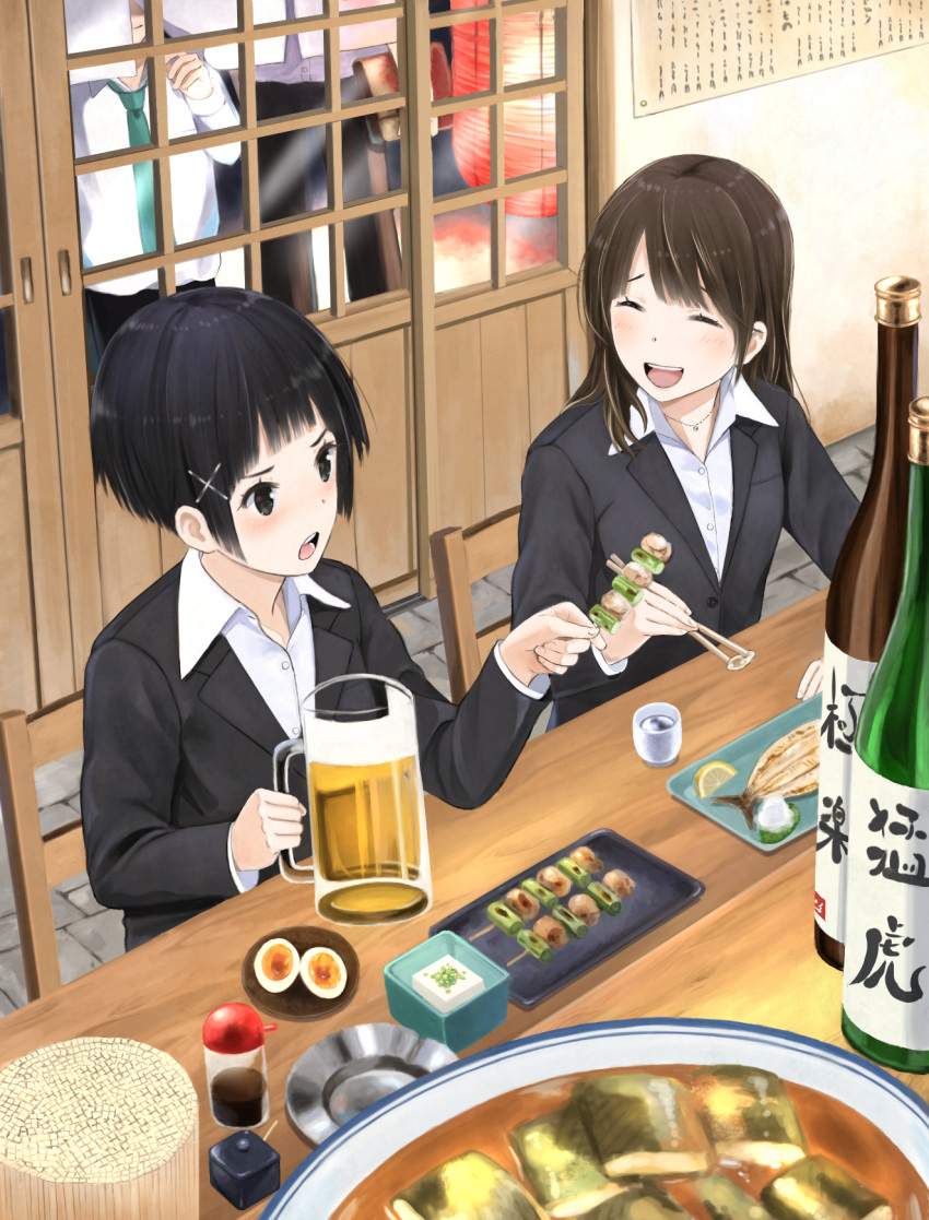 2boys, 2girls, :d, ^_^, alcohol, ashtray, bangs, beer, beer_mug, black_eyes, black_hair, black_jacket, bottle, brown_hair, business_suit, chair, choko_(cup), chopsticks, closed_eyes, collared_shirt, counter, cup, door, dress_shirt, drinking_glass, food, formal, from_above, fruit, hair_ornament, hard-boiled_egg, highres, indoors, jacket, jewelry, lantern, laughing, lemon, lemon_slice, long_hair, long_sleeves, looking_at_another, meal, meat, multiple_boys, multiple_girls, necklace, office_lady, open_mouth, original, paper_lantern, petite, plate, restaurant, sake_bottle, shirt, short_hair, sitting, skewer, smile, soy_sauce, stone_floor, suit, taka_(tsmix), tofu, wing_collar, x_hair_ornament