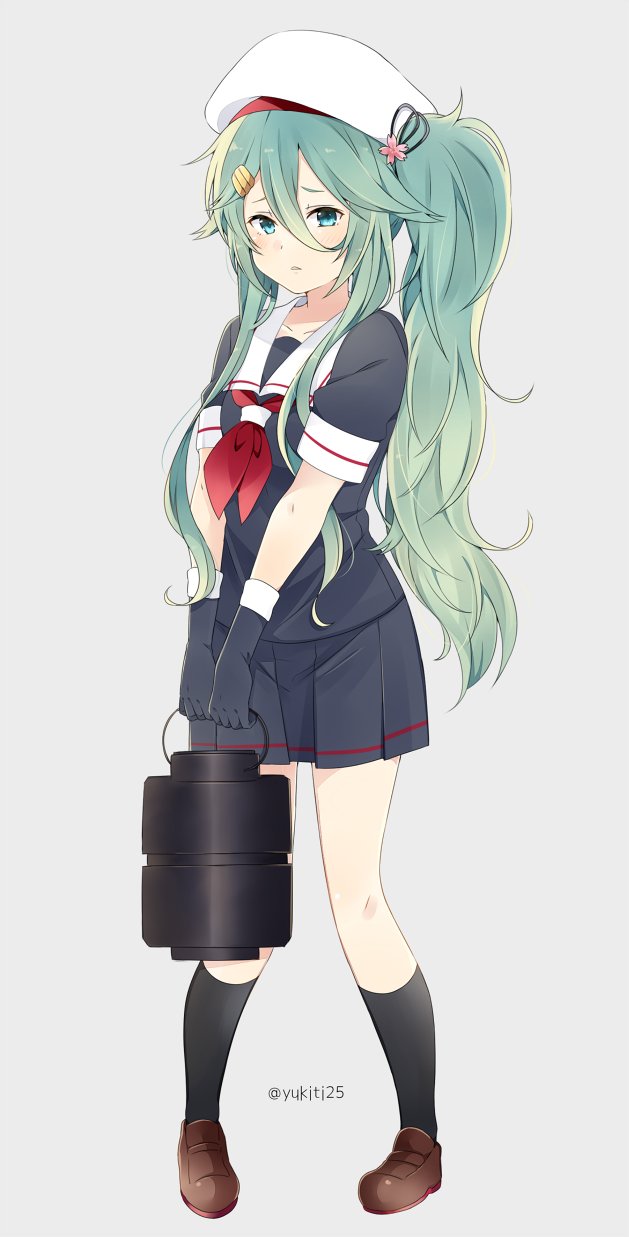 1girl, alternate_hairstyle, beret, black_gloves, black_legwear, black_ribbon, black_serafuku, black_skirt