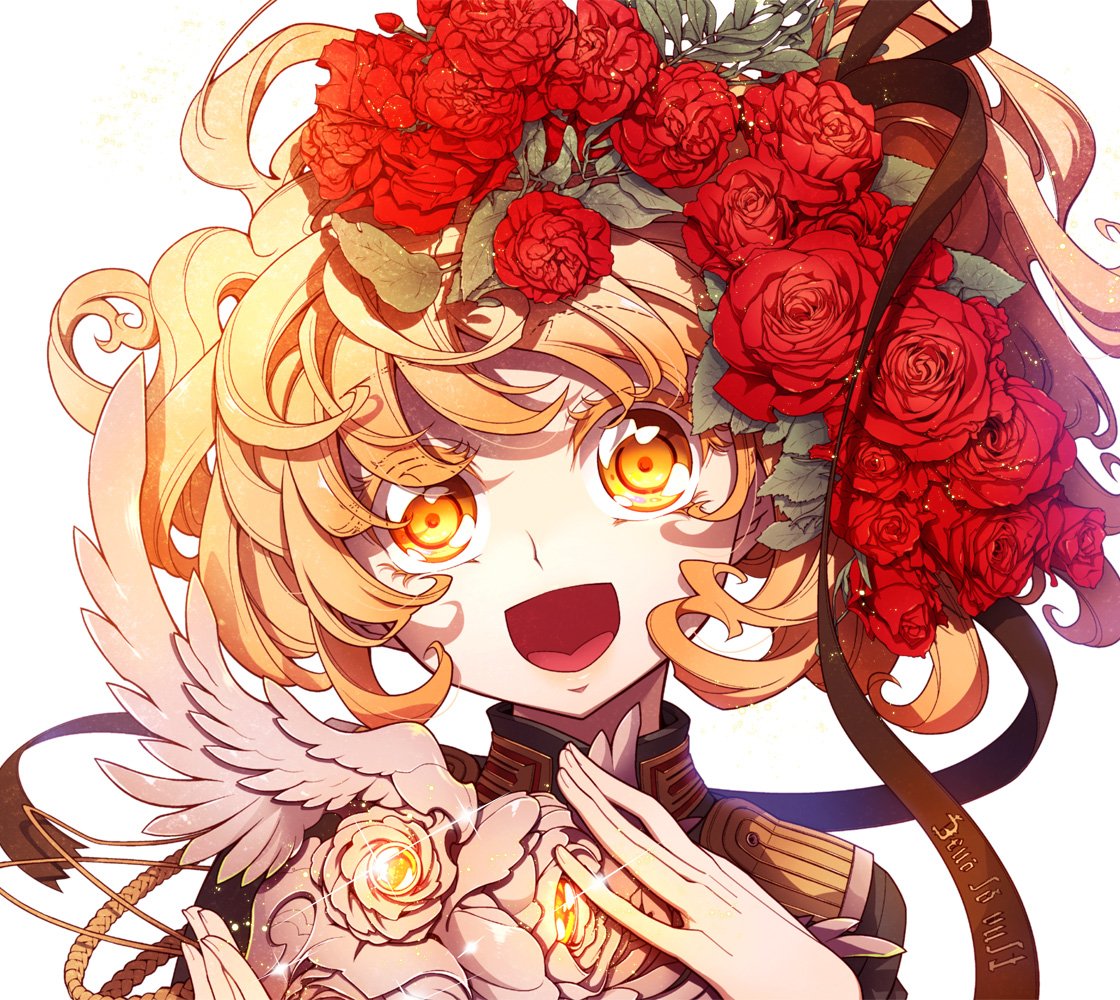 1girl, :d, blonde_hair, flower, hair_flower, hair_ornament, hand_on_own_chest, looking_at_viewer