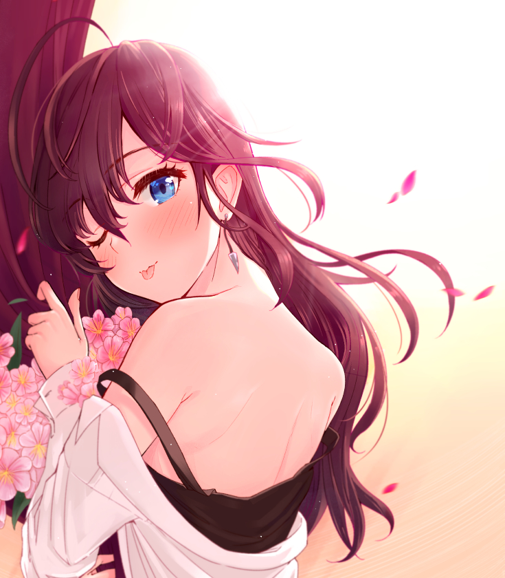 1girl, ;p, bare_shoulders, blue_eyes, brown_hair, flower, fumiya-taketatsu, ichinose_shiki