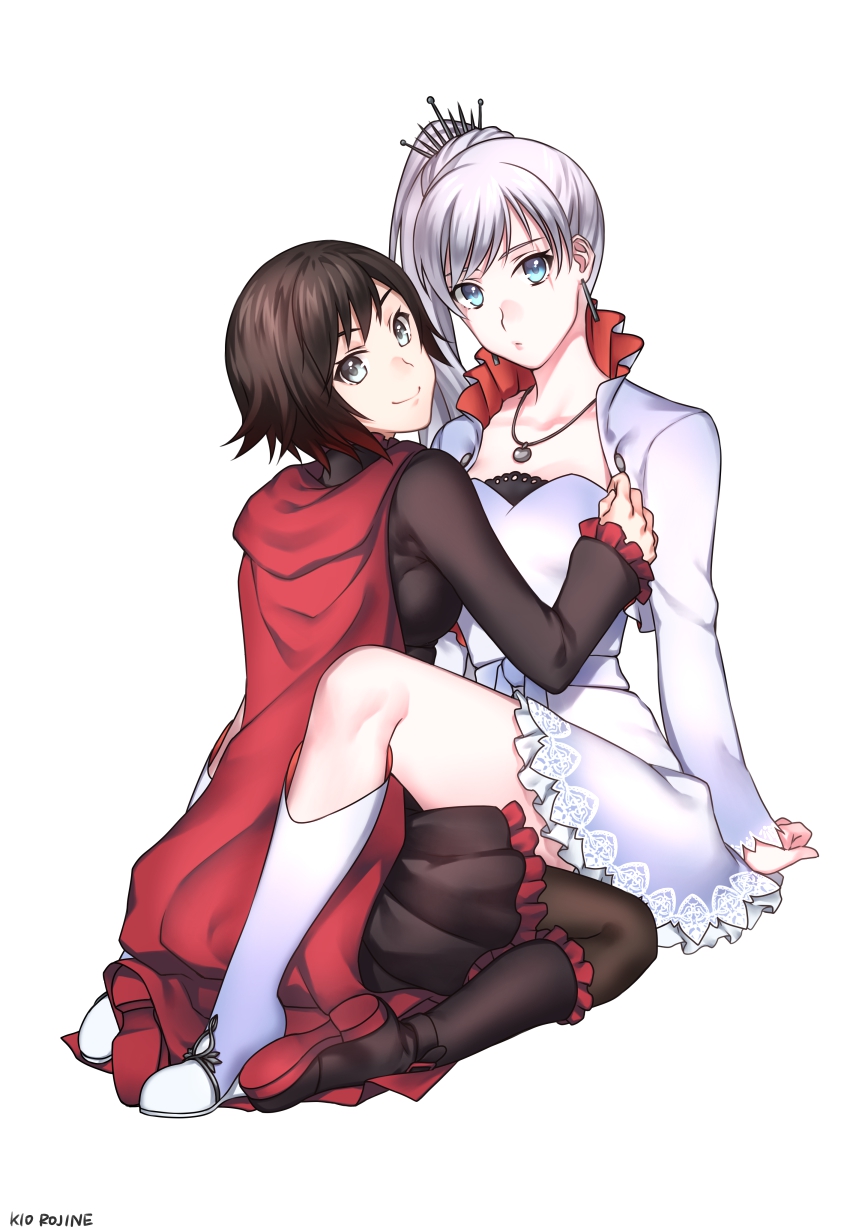 2girls, black_hair, blue_eyes, cropped_jacket, dress, grey_eyes, highres, jewelry