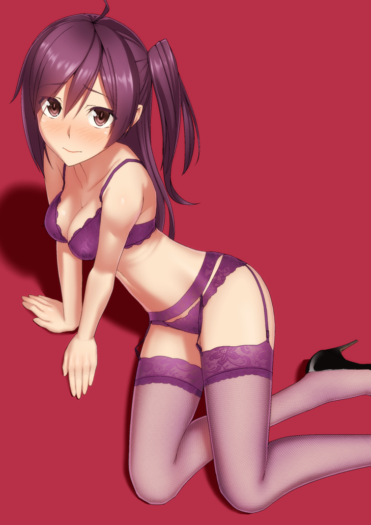 1girl, ahoge, blush, bra, breasts, fishnet_legwear, fishnets, garter_straps