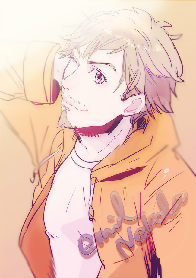 1boy, beard, blonde_hair, blue_eyes, character_name, emil_nekola, facial_hair, male_focus