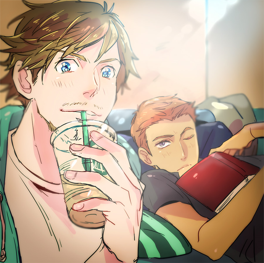 2boys, beard, blue_eyes, blush, book, brown_hair, drinking, drinking_straw