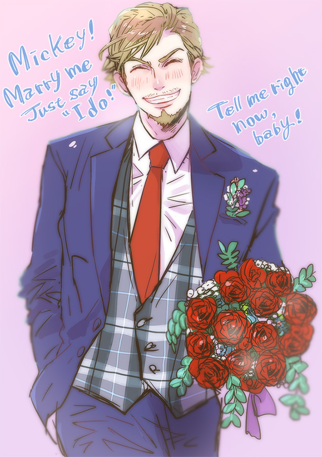 !, 1boy, ^_^, beard, blush, bouquet, brown_hair, character_name