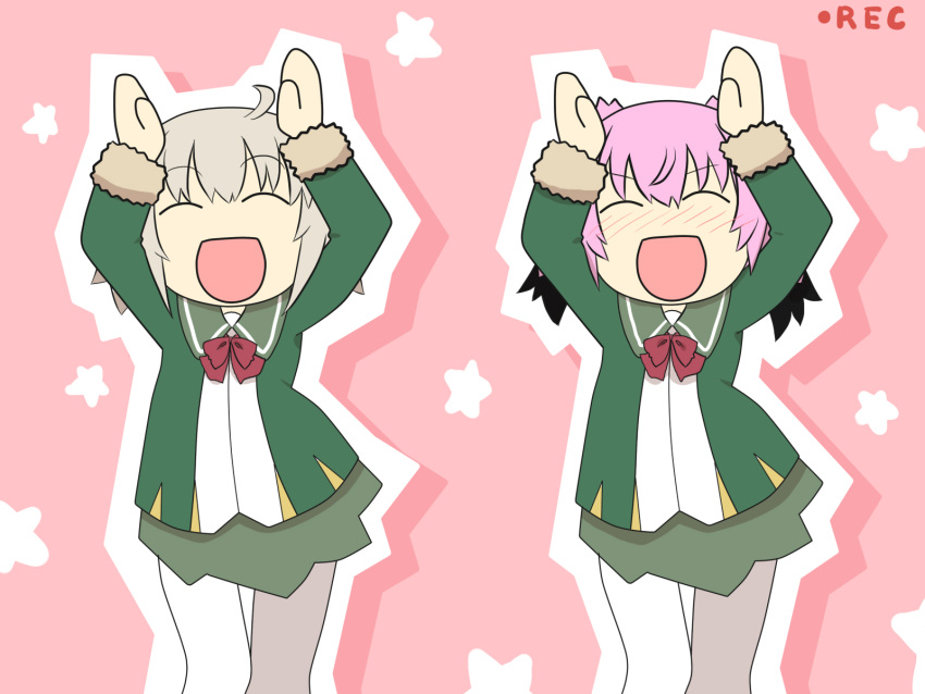 2girls, ahoge, bow, caramelldansen, closed_eyes, comic, commentary_request, dancing