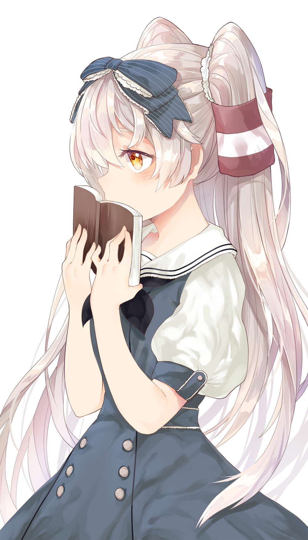 1girl, alternate_costume, amatsukaze_(kantai_collection), blue_dress, blue_ribbon, book, buttons, dress