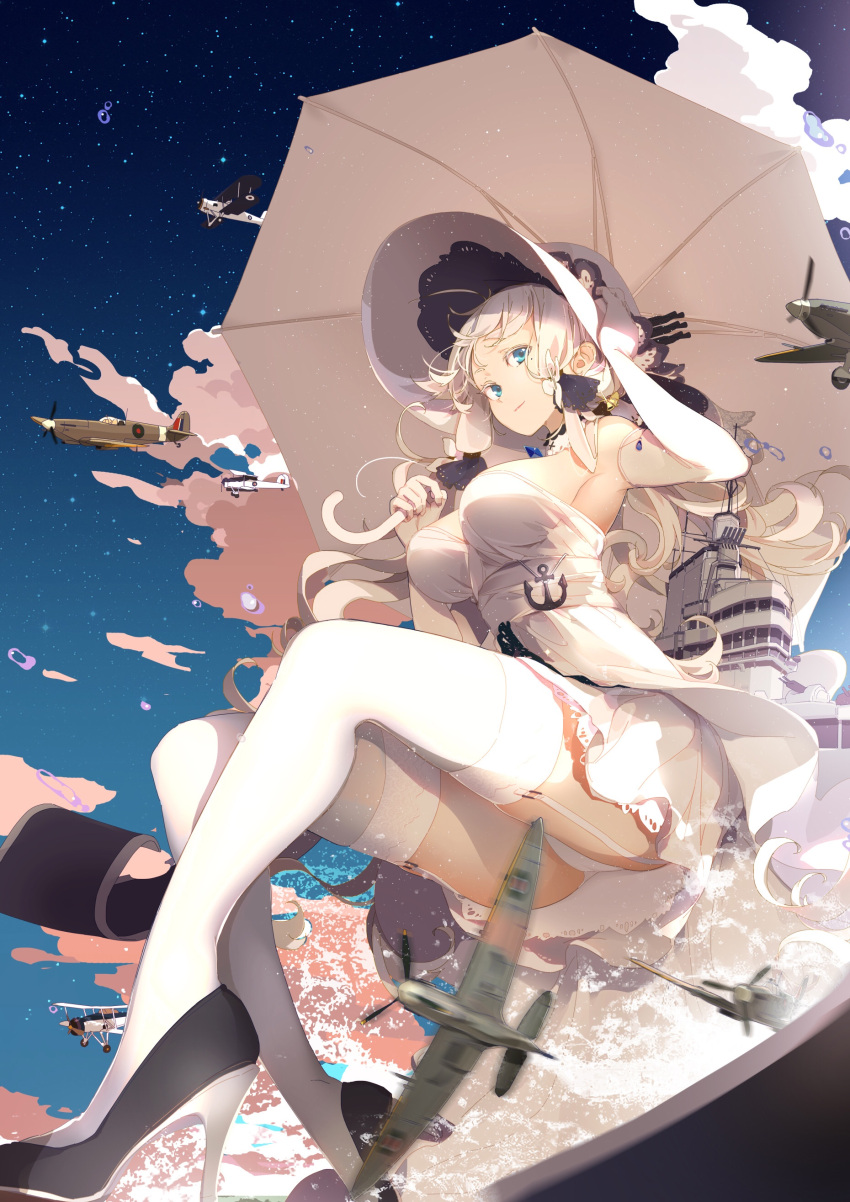 1girl, absurdres, aircraft, airplane, armpits, ass, bilan_hangxian, blue_eyes, bonnet, breasts, dress, elbow_gloves, garter_straps, gloves, hat, high_heels, highres, illustrious_(bilan_hangxian), long_hair, looking_at_viewer, mole, mole_under_eye, panties, sakura_sora, sleeveless, sleeveless_dress, smile, solo, thigh-highs, umbrella, underwear, white_dress, white_gloves, white_legwear, white_panties