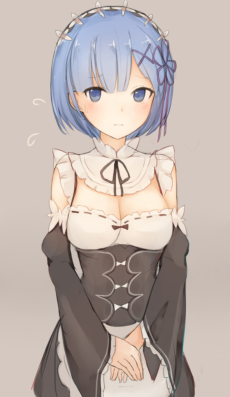 1girl, bangs, blue_eyes, blue_hair, blunt_bangs, blush, breasts, closed_mouth, collar, detached_collar, detached_sleeves, eyebrows_visible_through_hair, flying_sweatdrops, frilled_collar, frills, grey_background, guanhian, hair_ornament, hair_ribbon, highres, looking_at_viewer, maid_headdress, medium_breasts, purple_ribbon, re:zero_kara_hajimeru_isekai_seikatsu, rem_(re:zero), ribbon, short_hair, simple_background, solo, sweatdrop, underbust, upper_body, wide_sleeves, x_hair_ornament