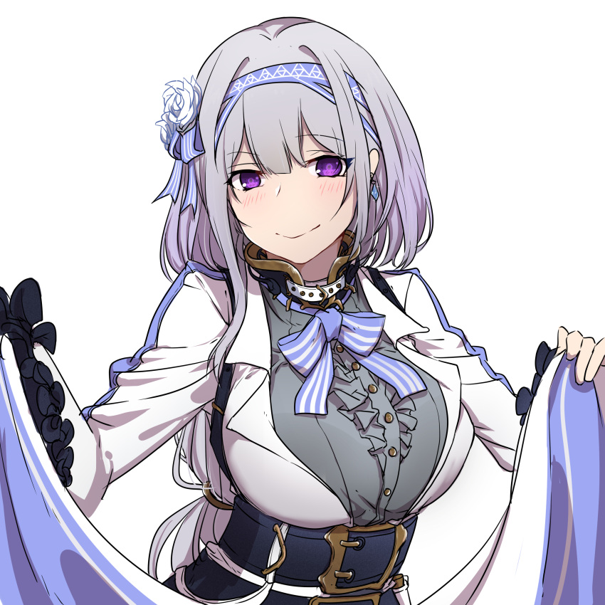 1girl, absurdres, bangs, belt, blush, breasts, closed_mouth, earrings, eyebrows_visible_through_hair, female, hairband, hands_up, highres, holding, jacket, jewelry, large_breasts, long_hair, looking_at_viewer, low-tied_long_hair, original, sidelocks, simple_background, smile, solo, underbust, uniform, upper_body, violet_eyes, white_background, xiu_jiayihuizi