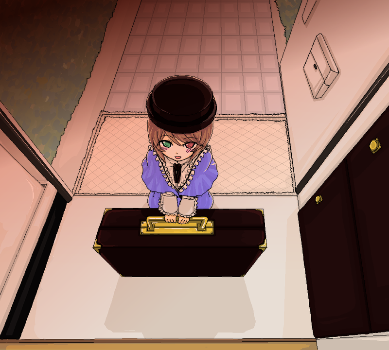 blush, boku, brown_hair, hat, heterochromia, luggage, nora_(artist), rozen_maiden