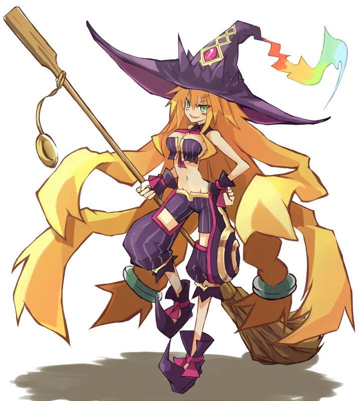 1girl, adhesive_bra, blonde_hair, bra, braid, breasts, broom, cleavage, green_eyes, grin, hat, large_breasts, long_hair, majo_to_hyakkihei, metallica_(majo_to_hyakkihei), navel, smile, solo, twin_braids, underwear, very_long_hair, witch, witch_hat, yashiro_(silver_will)