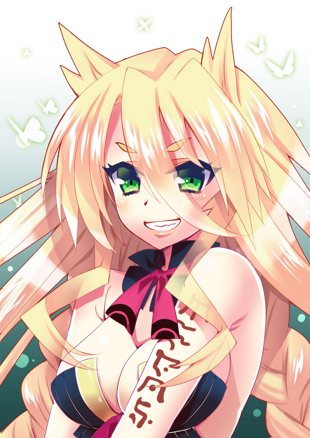 1girl, adhesive_bra, blonde_hair, bra, braid, breasts, cleavage, green_eyes