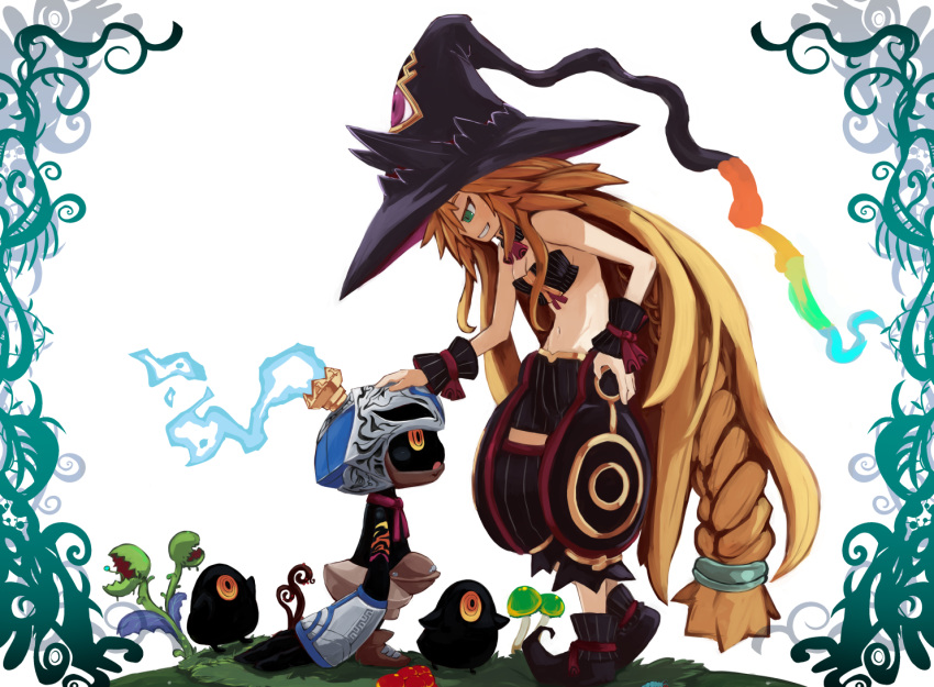 1girl, black_shoes, black_shorts, black_skin, blonde_hair, blue_fire, boots, braid