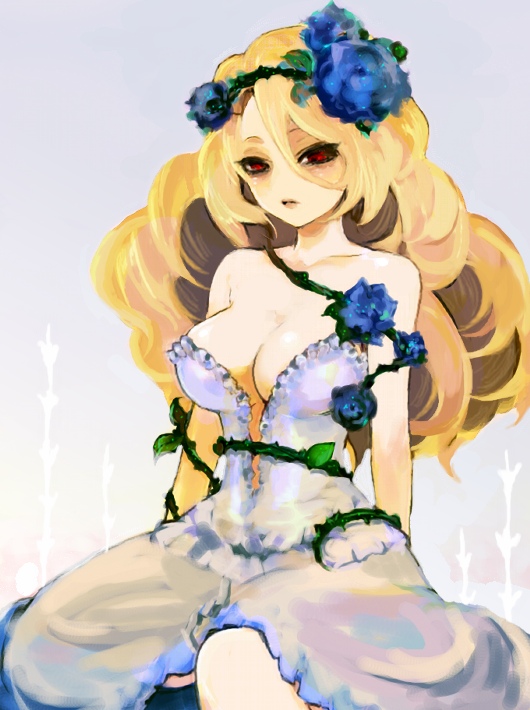 1girl, blonde_hair, breasts, cleavage, collarbone, dress, flower, frown, grimgrimoire, hair_ornament, hiro_(pixiv), long_hair, lujei_piche, nippon_ichi, red_eyes, solo