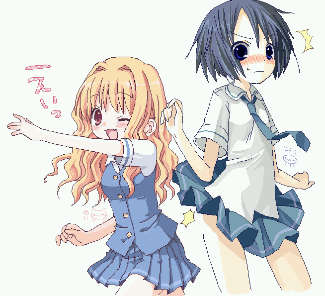 /\/\/\, 2girls, ;d, assisted_exposure, black_hair, blonde_hair, blue_eyes, blush