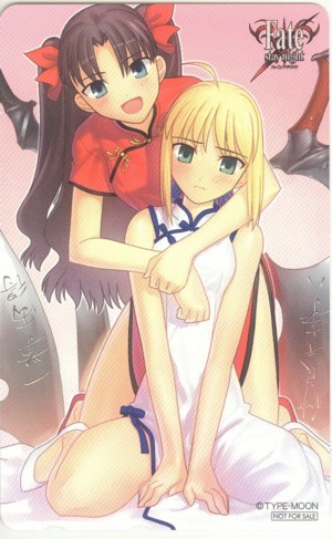 00s, 2girls, artoria_pendragon_(all), blonde_hair, china_dress, chinese_clothes, comiket69, comiket_69, cute, dress, fate/stay_night, fate_(series), hug, lowres, multiple_girls, phonecard, saber, shitajiki, takeuchi_takashi, tohsaka_rin, two_side_up, type-moon, yuri