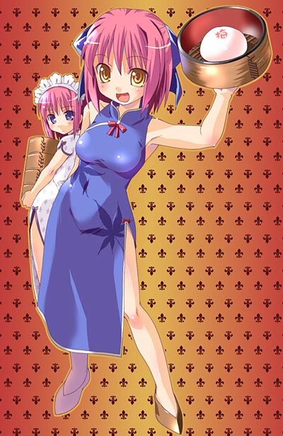 00s, 2girls, bamboo_steamer, baozi, china_dress, chinese_clothes, dress, food, hisui, kohaku, maid, mr_chin, multiple_girls, nikuman, tsukihime