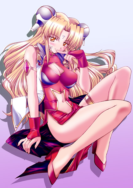 00s, 1girl, bangs, bare_legs, blonde_hair, blush, bracelet, breasts, broccoli_(company), china_dress, chinese_clothes, cleavage_cutout, dress, finger_to_mouth, forehead_mark, galaxy_angel, gloves, gradient, gradient_background, high_heels, impossible_clothes, jewelry, large_breasts, long_hair, looking_at_viewer, navel_cutout, pelvic_curtain, ranpha_franboise, red_shoes, shadow, shoes, side_slit, simple_background, solo, very_long_hair, yellow_eyes
