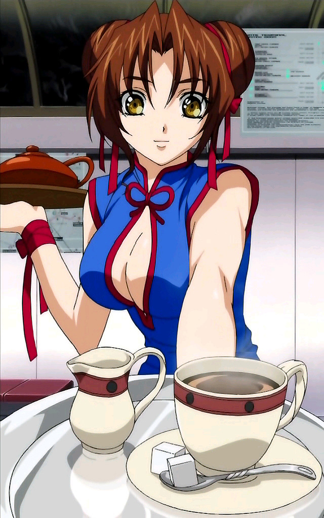 00s, 1girl, breasts, china_dress, chinese_clothes, cleavage, cleavage_cutout, dress, eclair_(kiddy_grade), holding, holding_tray, kiddy_grade, medium_breasts, screencap, solo, tea, tray