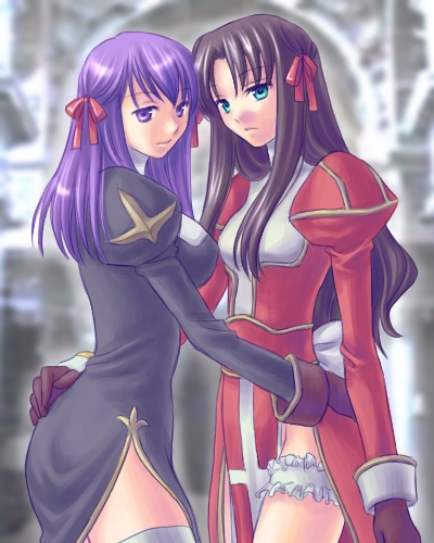 2girls, china_dress, chinese_clothes, cosplay, dress, fate/stay_night, fate_(series), garters