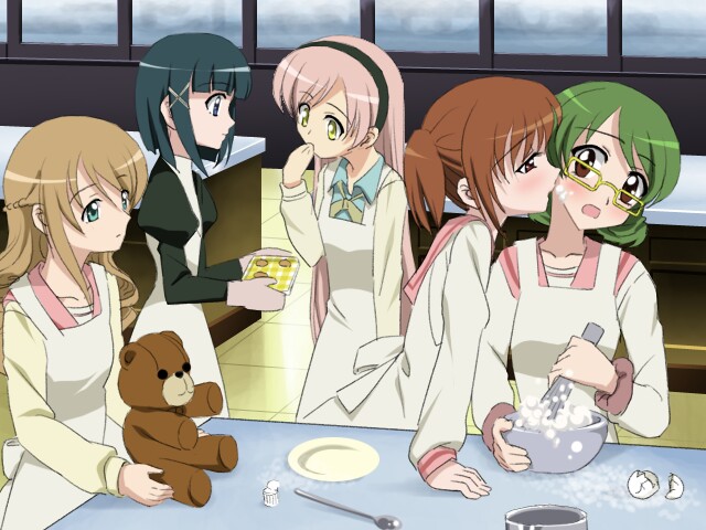 00s, apron, byakudan_kagome, hyuuga_kizuna, kiss, natsume_remon, okuwaka_tsubomi, oshibaru