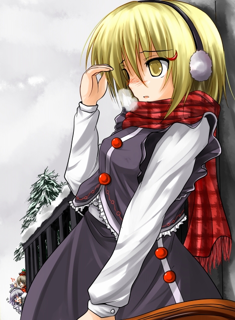 blush, breath, dress, earmuffs, hair_ornament, hairband, headband, lunasa_prismriver