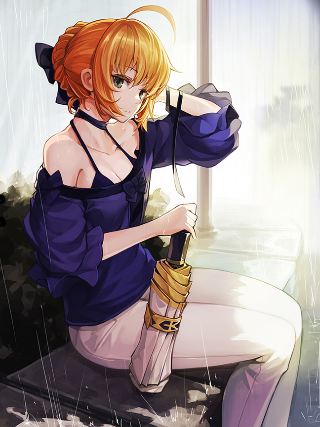 blonde_hair, blue_eyes, blush, dress, fate/stay_night, long_hair, odango, saber