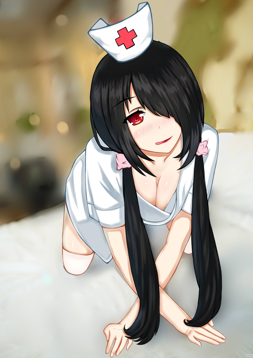1girl, :q, absurdres, all_fours, alternate_costume, bed_sheet, black_hair, blush