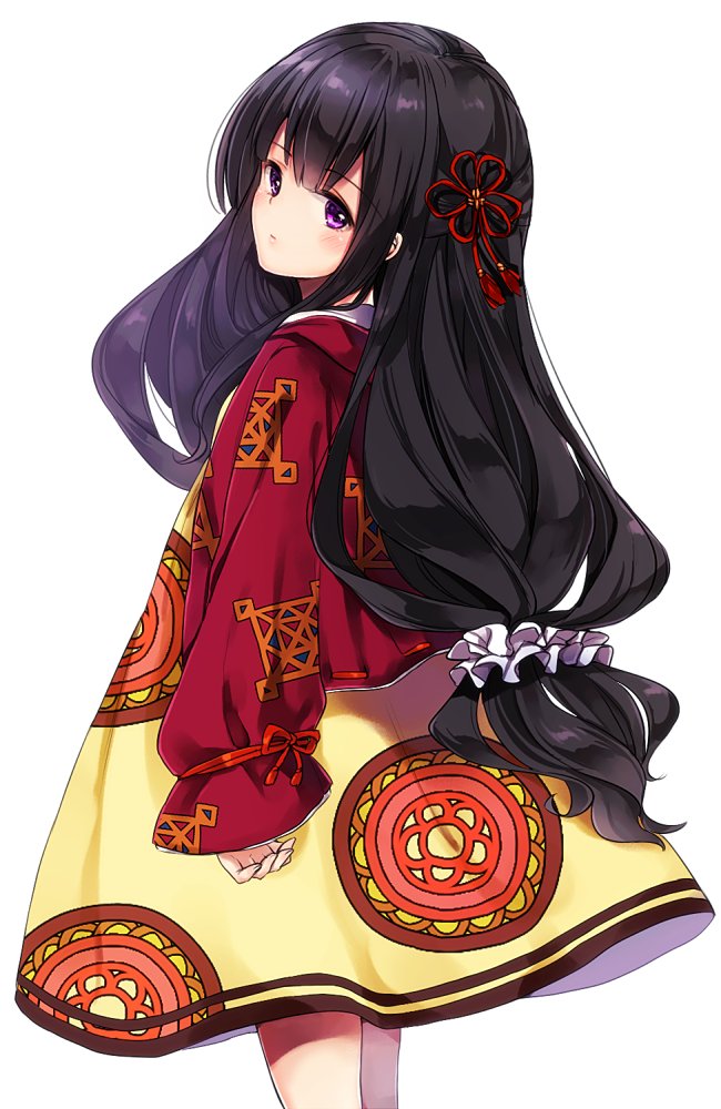 1girl, black_hair, character_request, cowboy_shot, dress, expressionless, floral_print, houzuki_michiru
