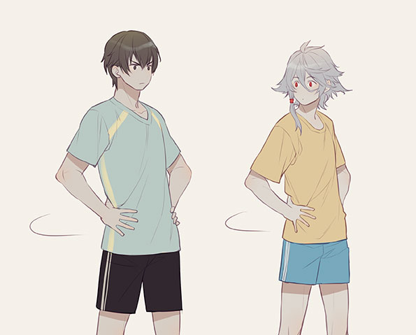 2boys, black_eyes, black_hair, exercise, hair_between_eyes, hair_tubes, hands_on_hips, lm_0063