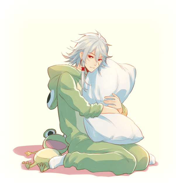 1boy, animal_costume, frog, frog_costume, hair_tubes, holding, holding_pillow, lm_0063