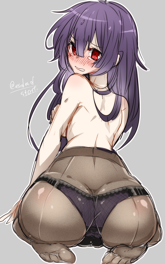 1girl, ass, black_panties, from_behind, grey_background, haoro, long_hair, panties, pantyhose, red_eyes, seikaisuru_kado, seiza, simple_background, sitting, topless, tsukai_saraka, underwear