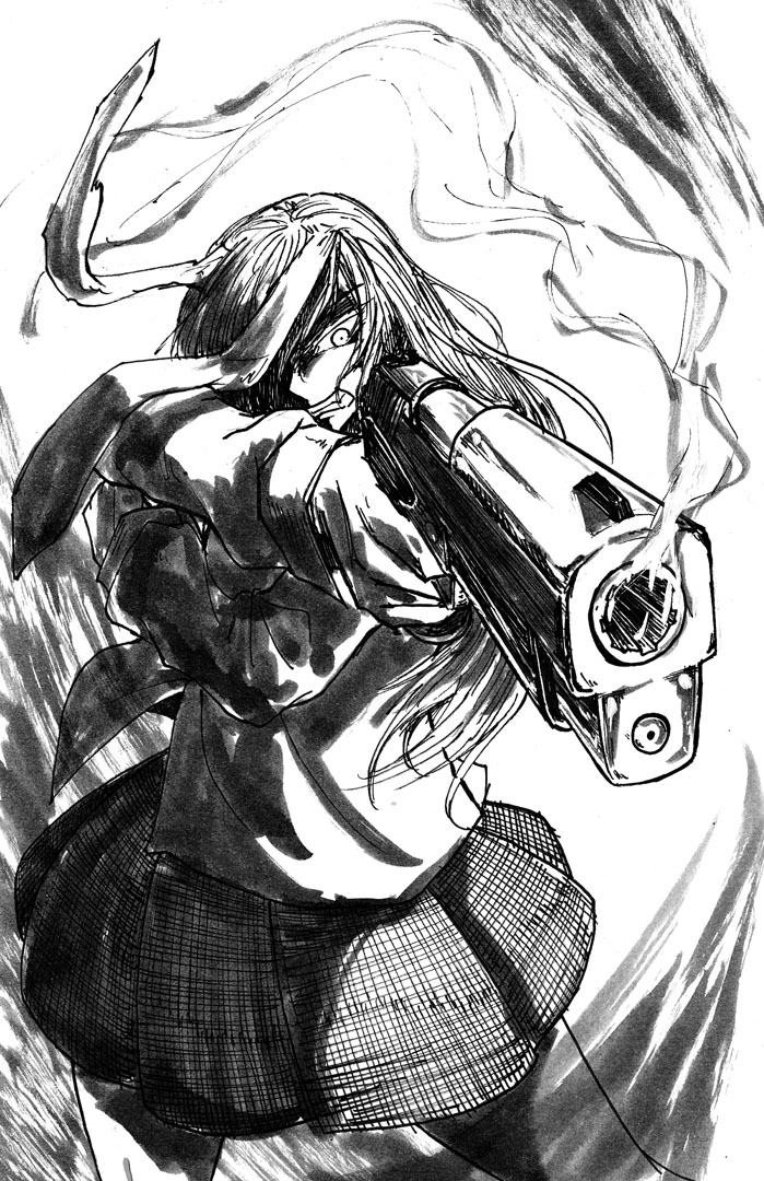 1girl, aiming, animal_ears, clenched_teeth, constricted_pupils, ear_over_one_eye, ears_down, foreshortening, frown, gun, hair_over_one_eye, koyubi_(littlefinger1988), long_hair, long_sleeves, monochrome, parody, rabbit_ears, reisen_udongein_inaba, shirt, sketch, skirt, smoke, smoking_gun, solo, style_parody, teeth, touhou, untucked_shirt, very_long_hair, weapon