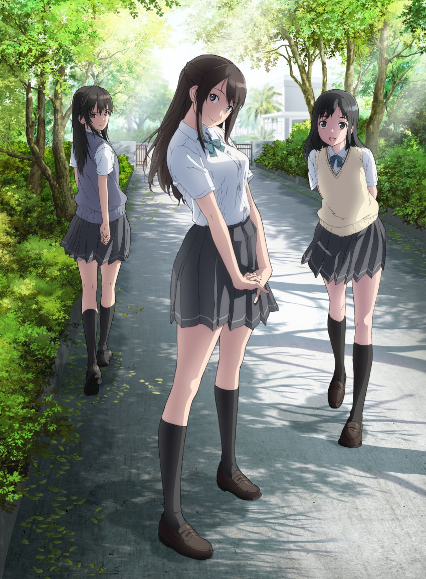 3girls, :d, arms_behind_back, black_eyes, black_hair, black_legwear, black_skirt, bow