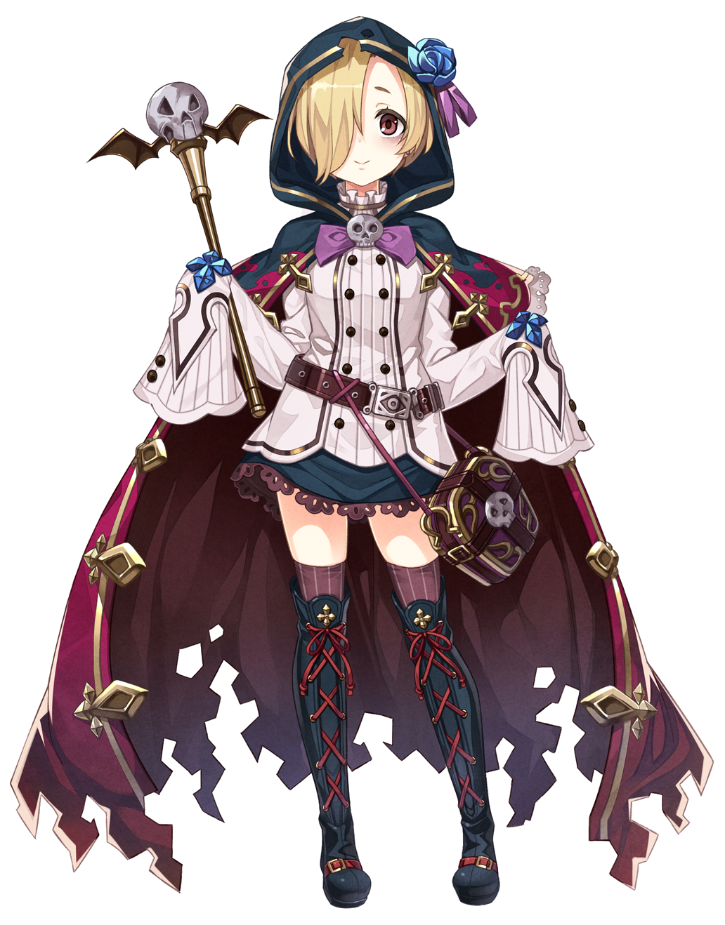 1girl, bags_under_eyes, bat_wings, blonde_hair, boots, breasts, brown_eyes, cape
