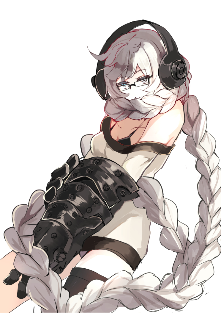 1girl, absurdly_long_hair, bikini_top, black-framed_eyewear, blue_eyes, bra_strap, braid, commentary_request