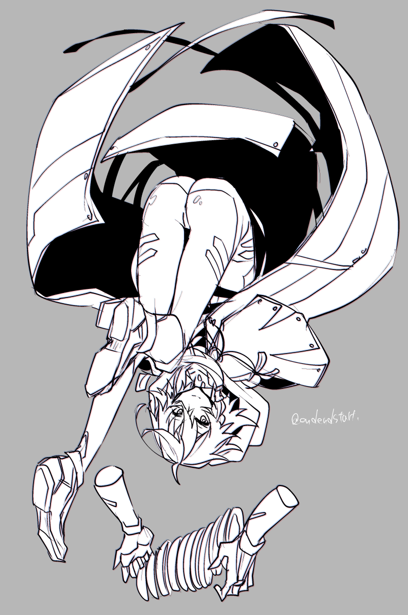 1boy, ass, bodysuit, cape, detached_arms, floating, grey_background, greyscale