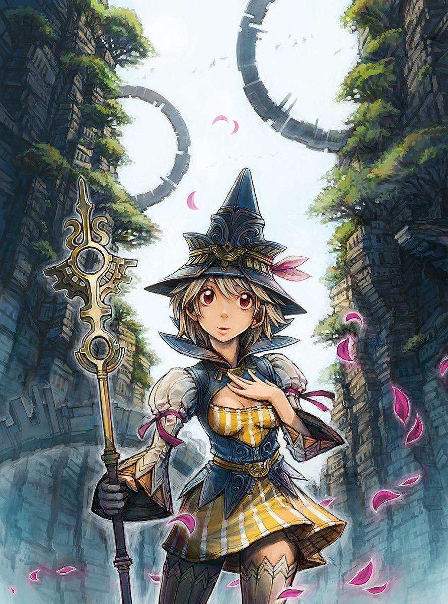 1girl, breasts, dorayuki, fantasy, grey_hair, hand_on_own_chest, hat, highres